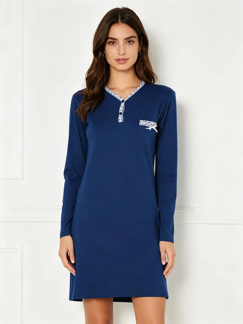 Camicia da notte da donna a maniche lunghe in cotone interlock - blu