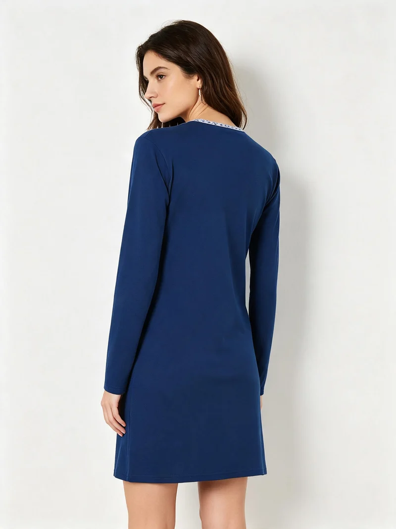 Camicia da notte da donna a maniche lunghe in cotone interlock - blu