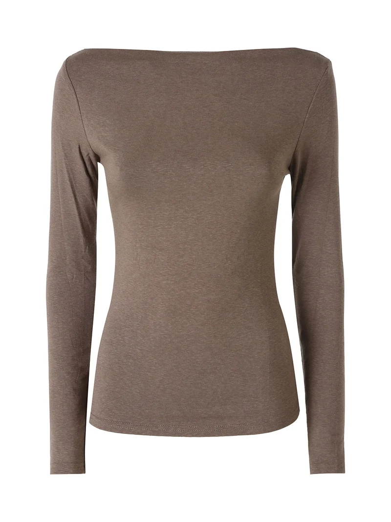 Maglia donna a maniche lunghe con scollo a barchetta - marrone