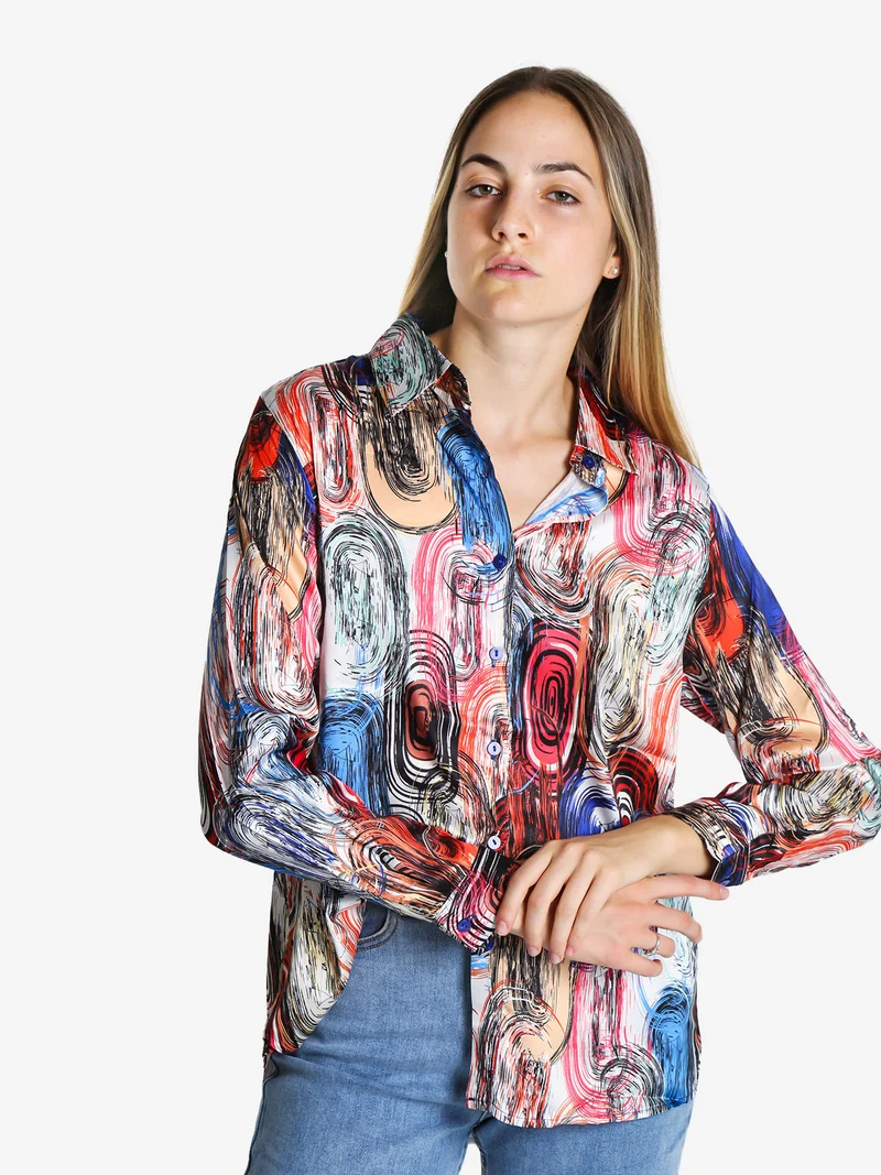 Camicia donna a maniche lunghe con stampa a fantasia - blu