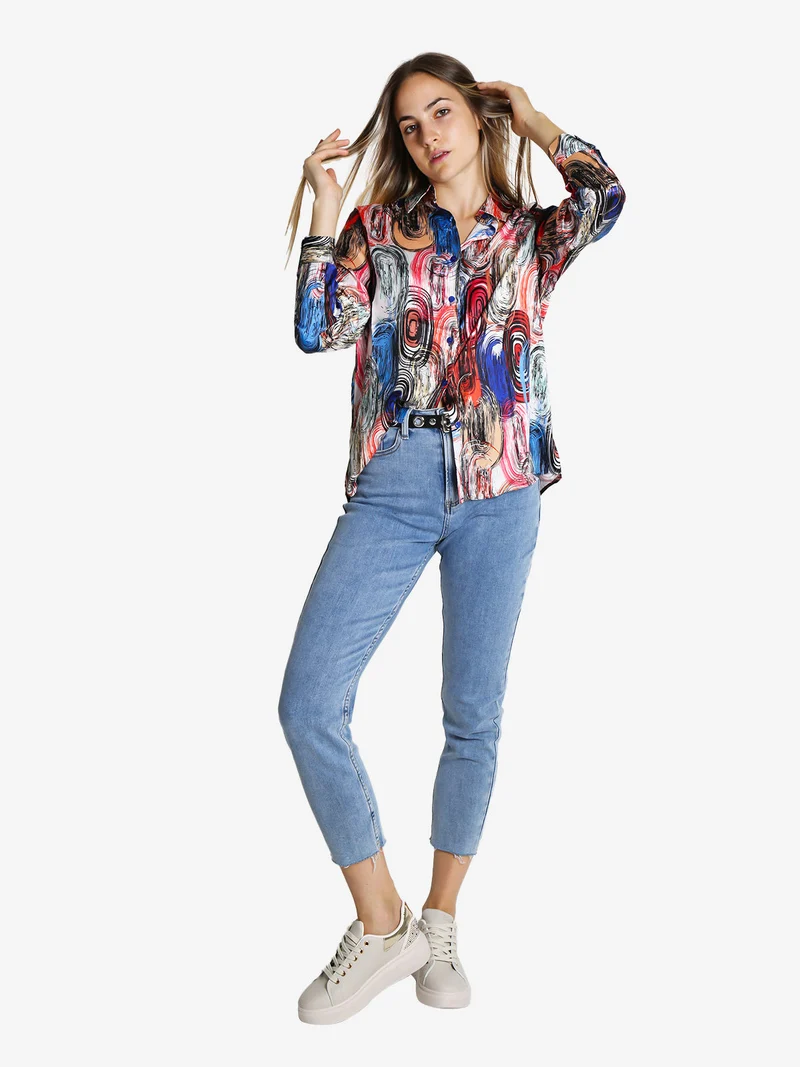 Camicia donna a maniche lunghe con stampa a fantasia - blu