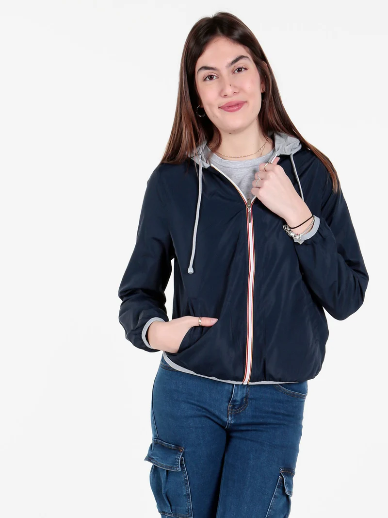 Giacca a vento da donna reversibile con cappuccio - blu scuro