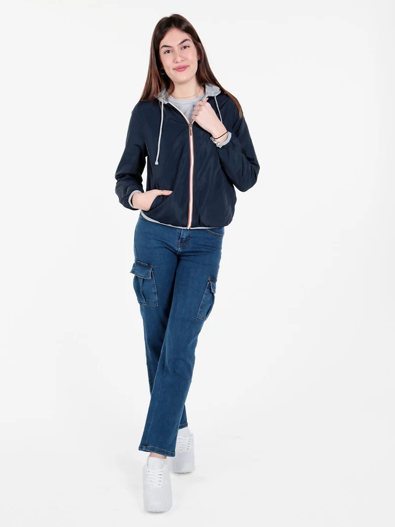 Giacca a vento da donna reversibile con cappuccio - blu scuro