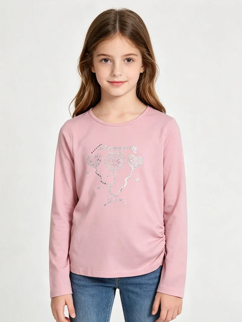 T-shirt da bambina a maniche lunghe con strass - rosa