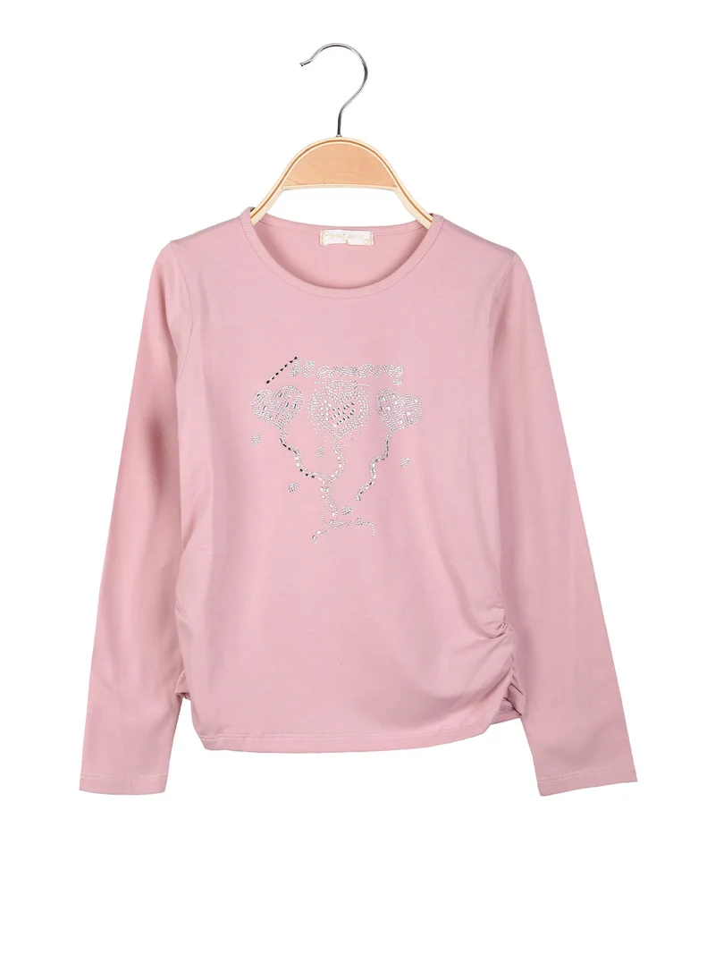 T-shirt da bambina a maniche lunghe con strass - rosa
