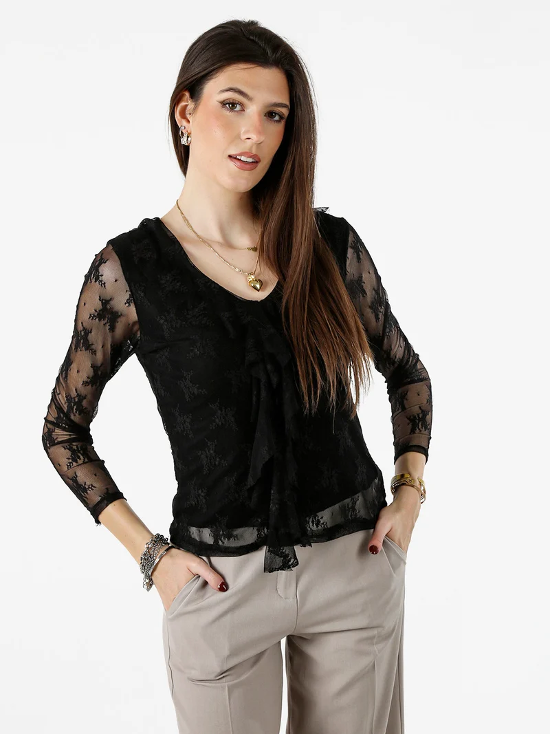 Camicetta in pizzo da donna con scollo V - nero