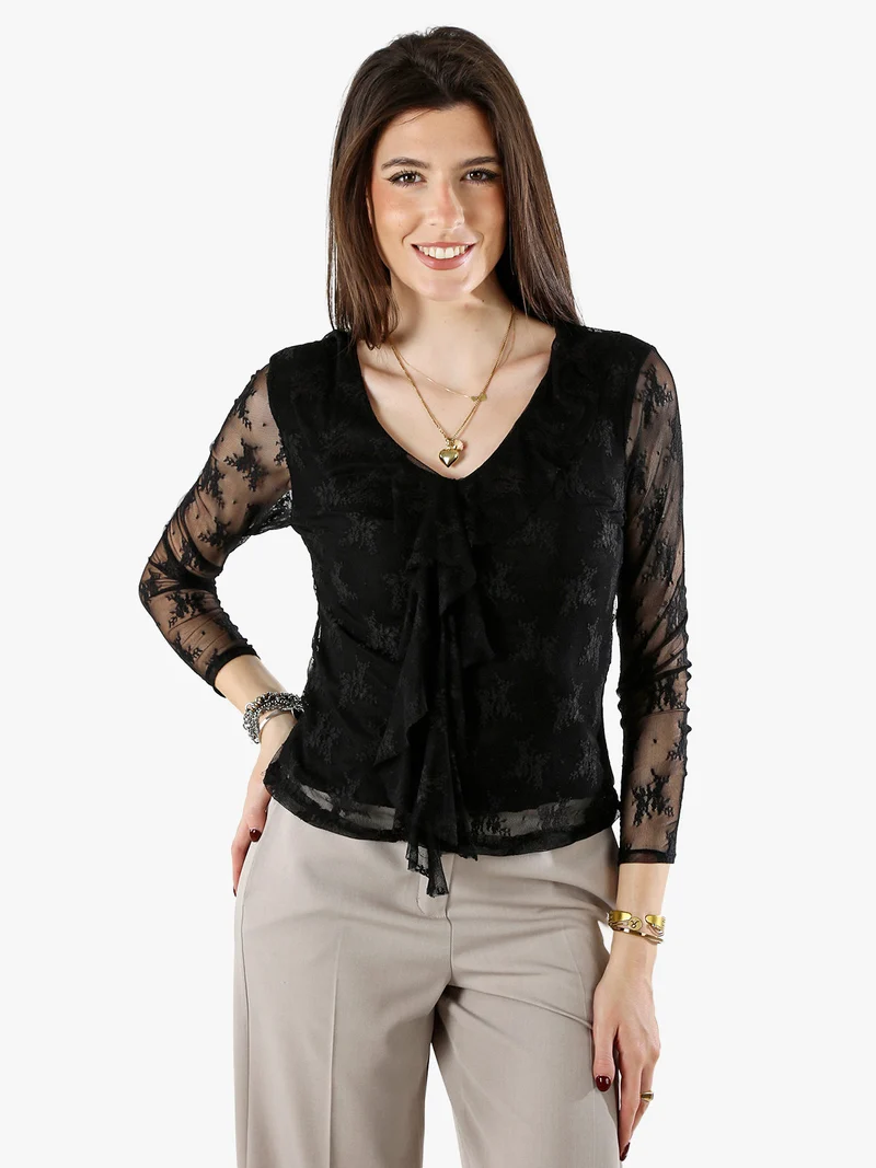 Camicetta in pizzo da donna con scollo V - nero