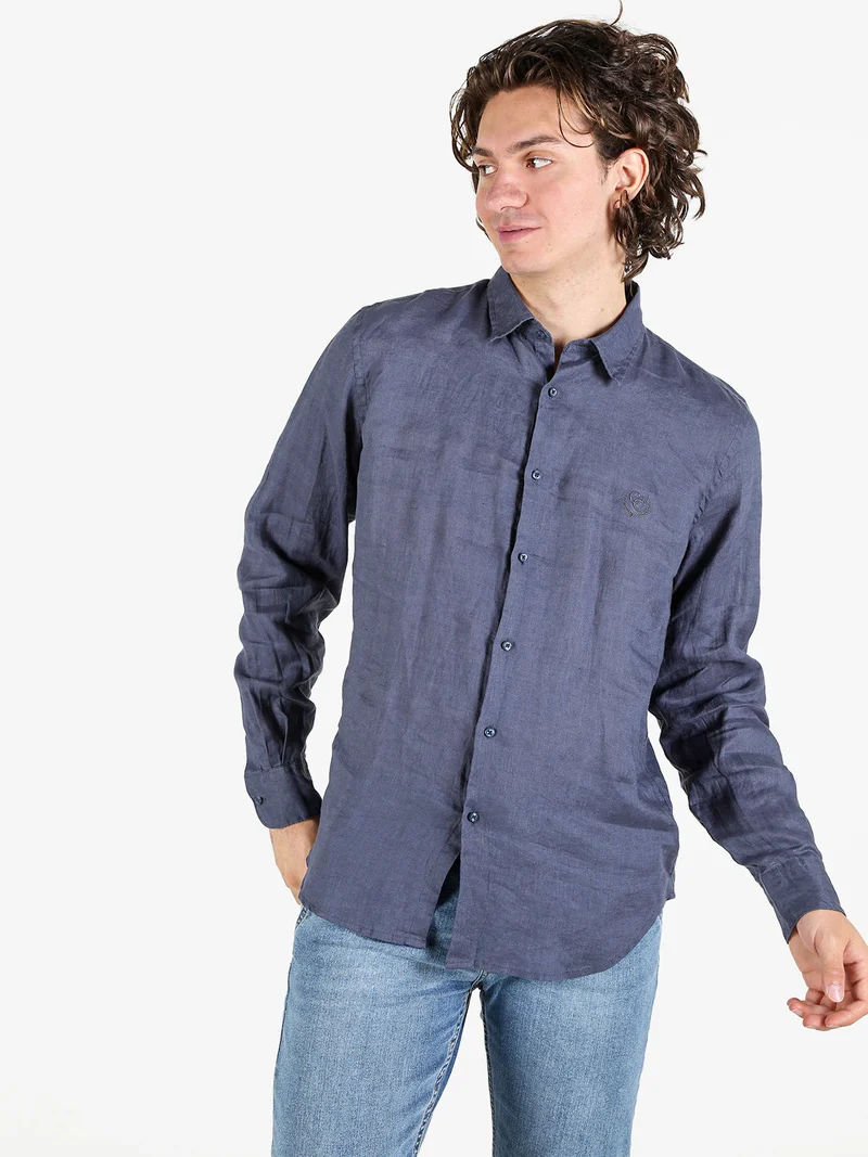 Camicia in lino da uomo a maniche lunghe - blu scuro