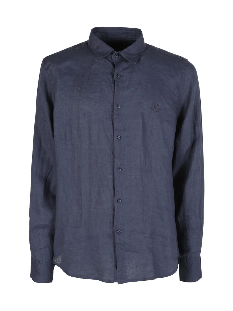 Camicia in lino da uomo a maniche lunghe - blu scuro
