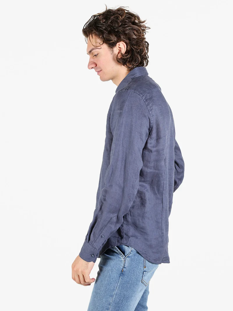 Camicia in lino da uomo a maniche lunghe - blu scuro