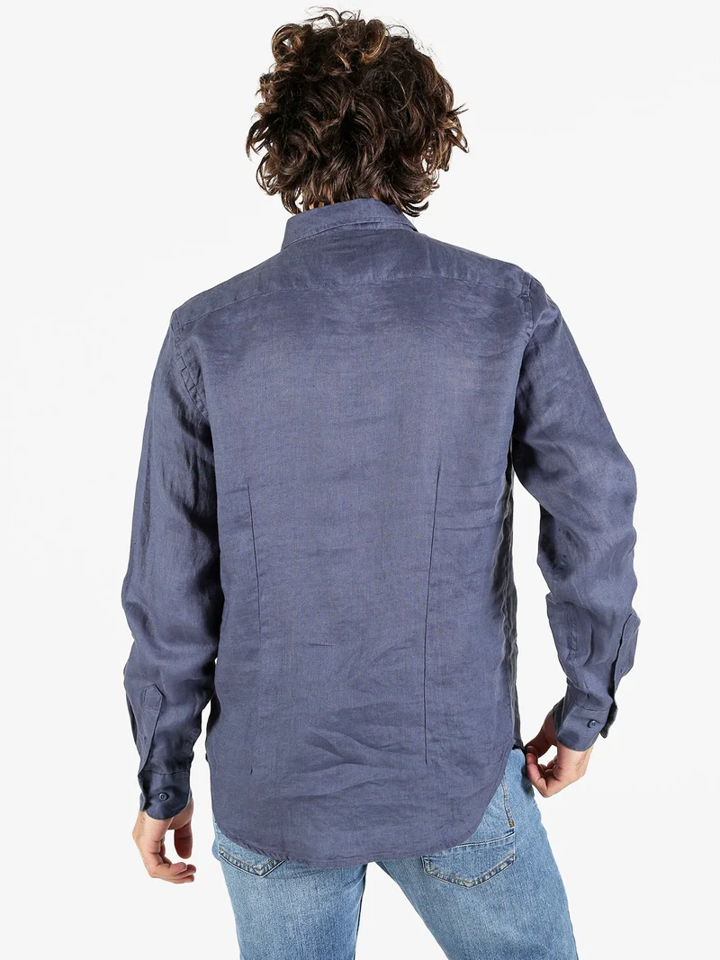 Camicia in lino da uomo a maniche lunghe - blu scuro