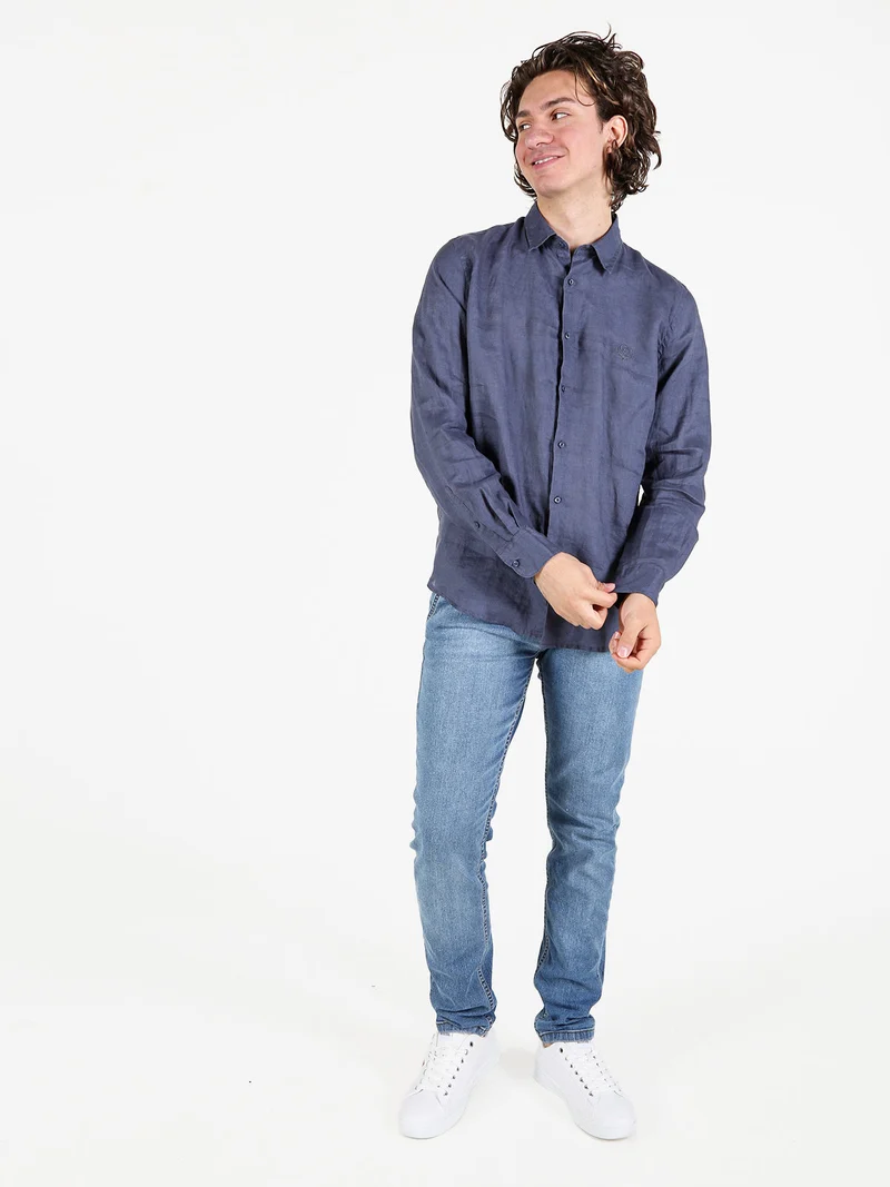 Camicia in lino da uomo a maniche lunghe - blu scuro