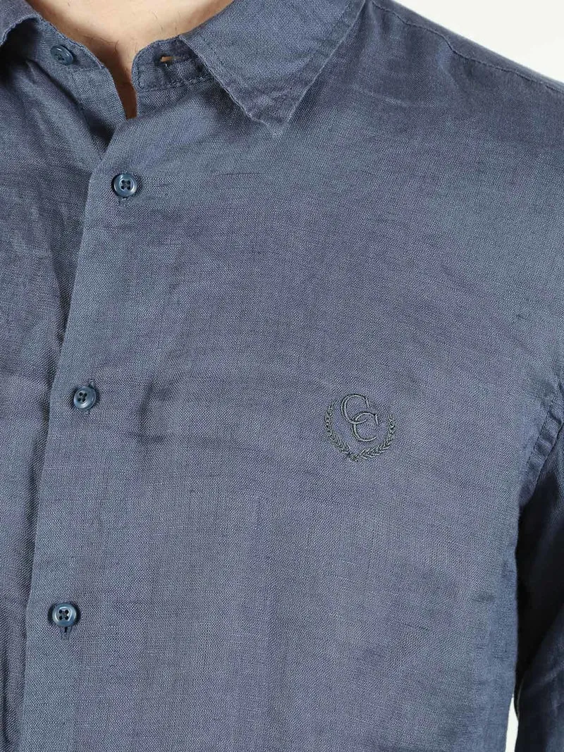 Camicia in lino da uomo a maniche lunghe - blu scuro