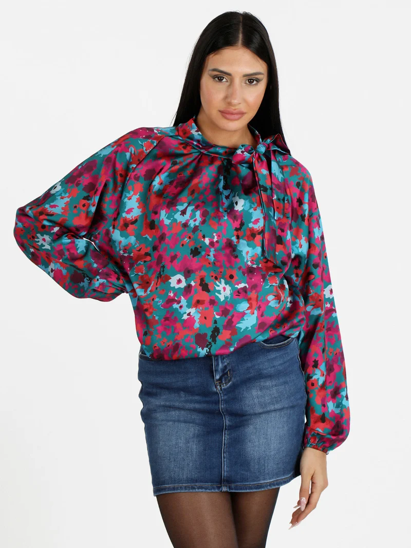 Camicetta donna accollata con stampe - turchese