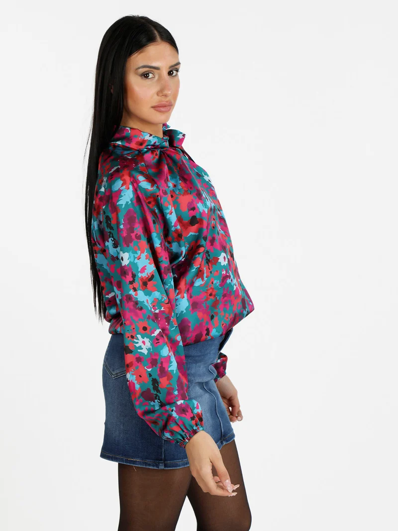 Camicetta donna accollata con stampe - turchese