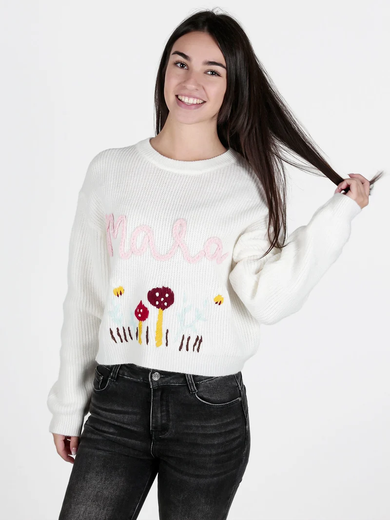 Maglione donna oversize con ricami - bianco
