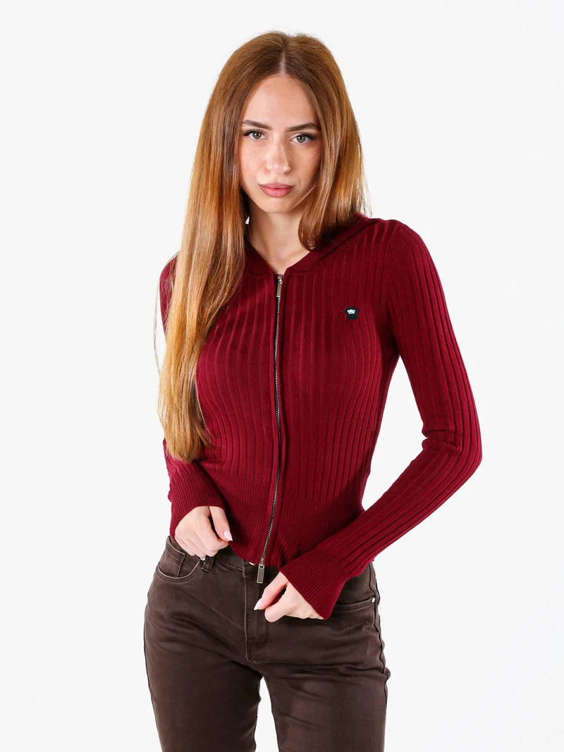 Maglia donna a coste con cappuccio e zip - bordeaux