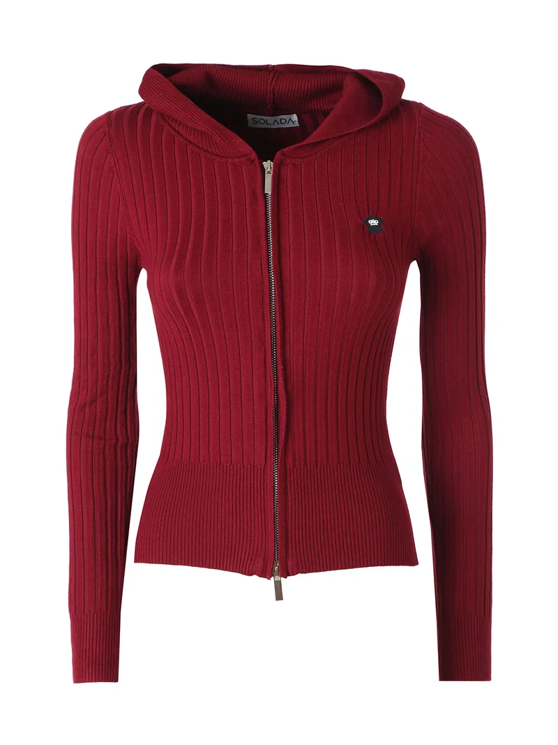 Maglia donna a coste con cappuccio e zip - bordeaux
