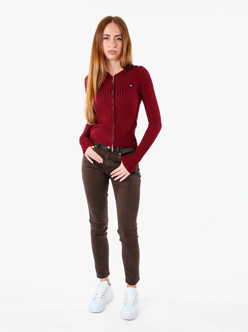 Maglia donna a coste con cappuccio e zip - bordeaux