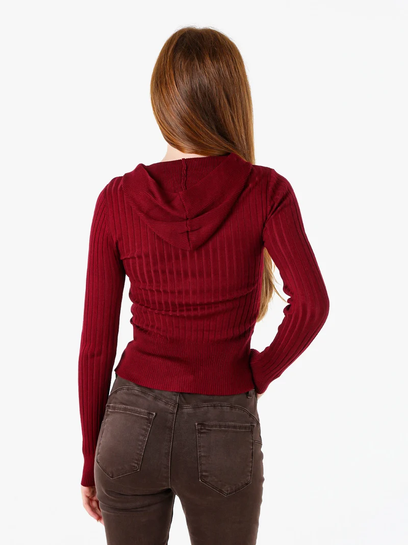 Maglia donna a coste con cappuccio e zip - bordeaux