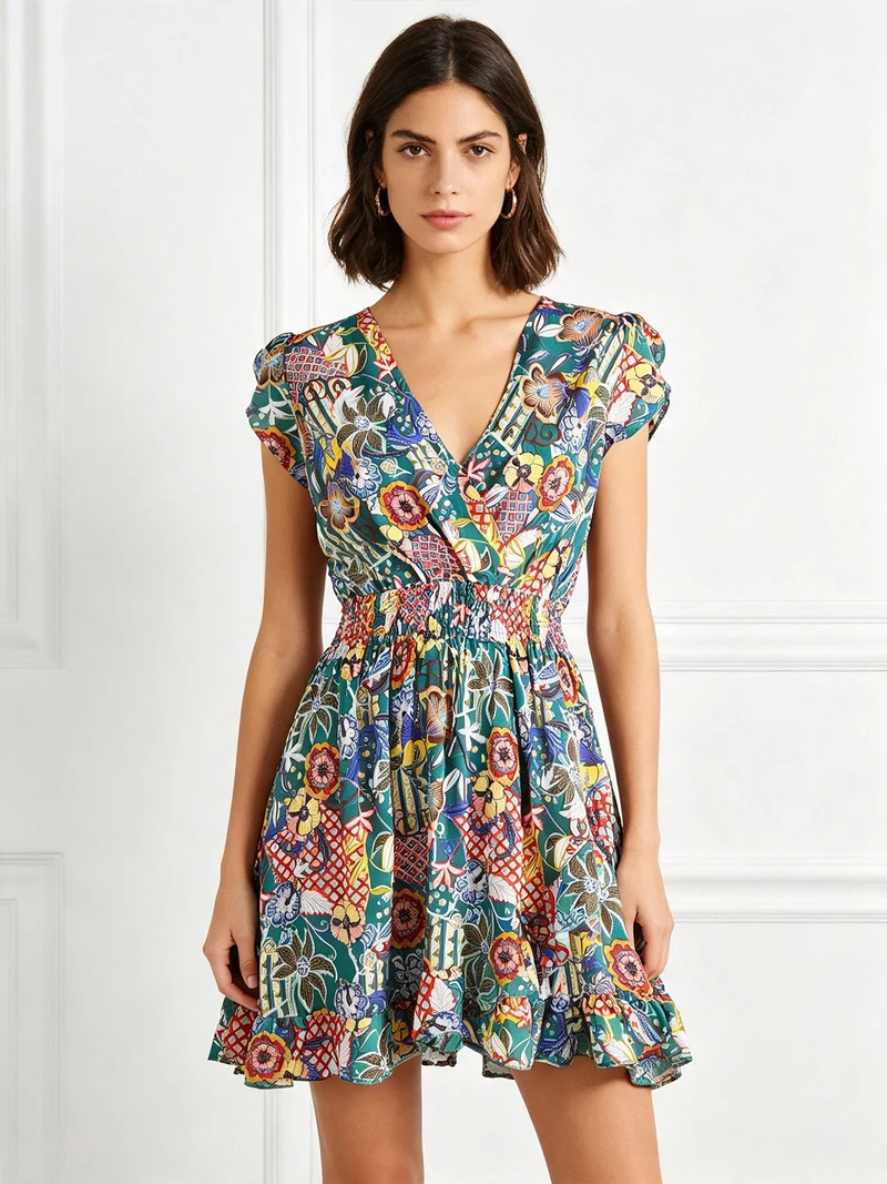 Vestito donna in cotone a maniche corte con stampe colorate - verde