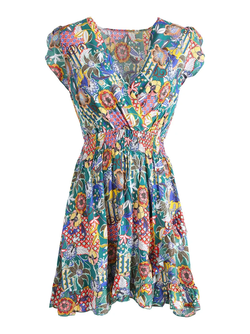 Vestito donna in cotone a maniche corte con stampe colorate - verde
