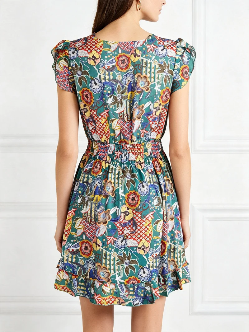 Vestito donna in cotone a maniche corte con stampe colorate - verde
