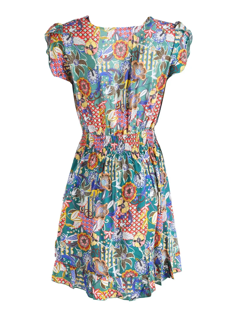 Vestito donna in cotone a maniche corte con stampe colorate - verde