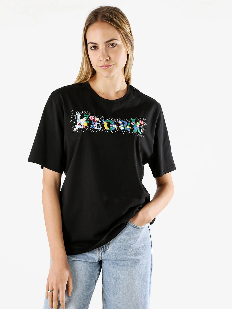 T-shirt donna in cotone oversize con ricami e strass - nero