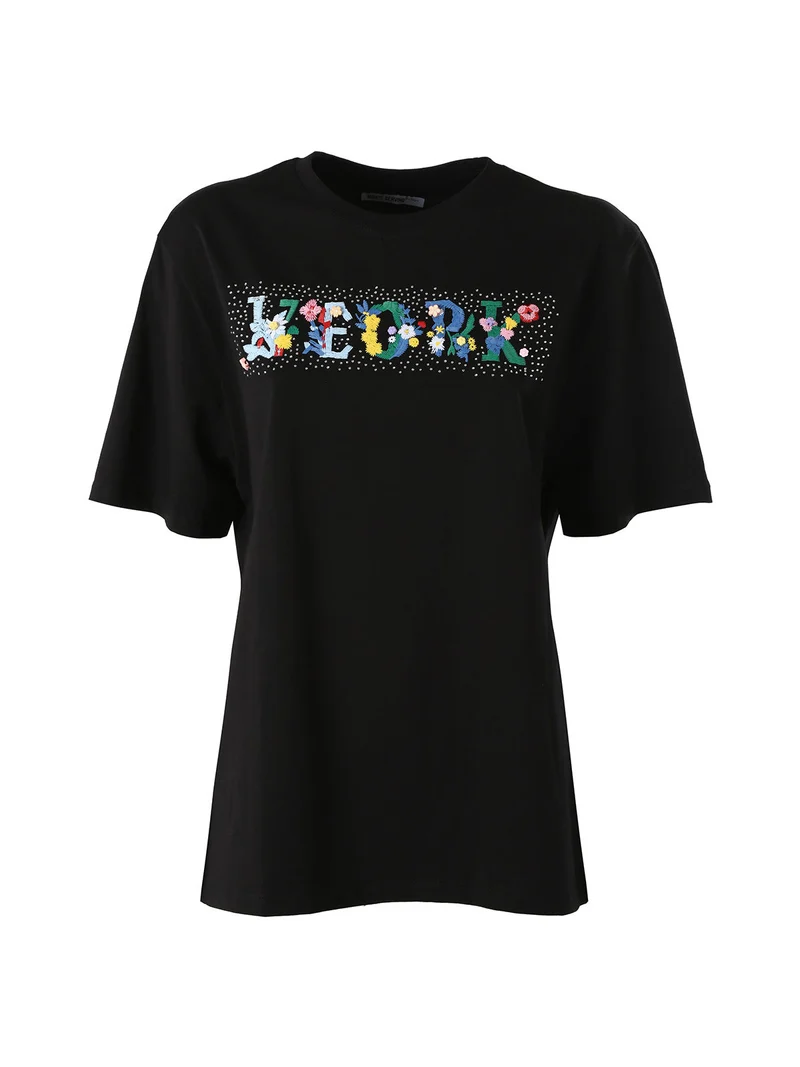T-shirt donna in cotone oversize con ricami e strass - nero
