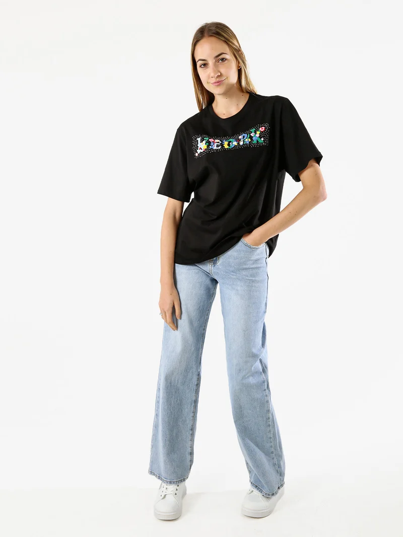 T-shirt donna in cotone oversize con ricami e strass - nero