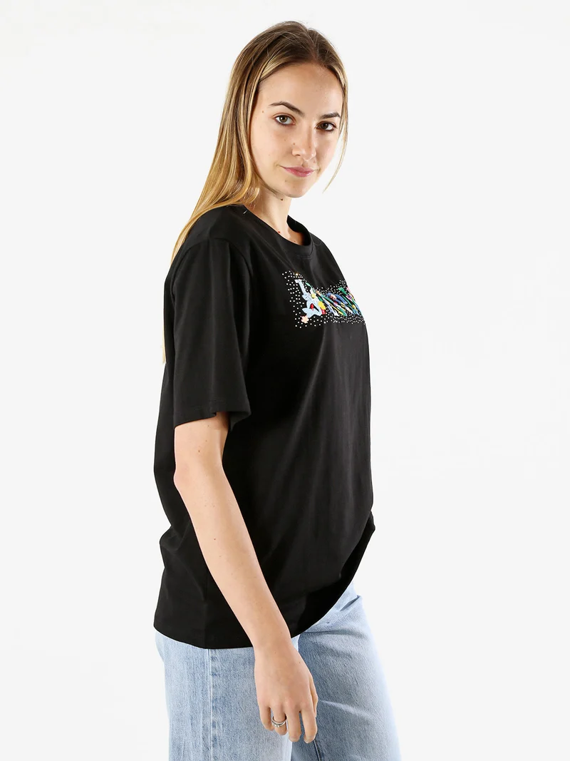 T-shirt donna in cotone oversize con ricami e strass - nero