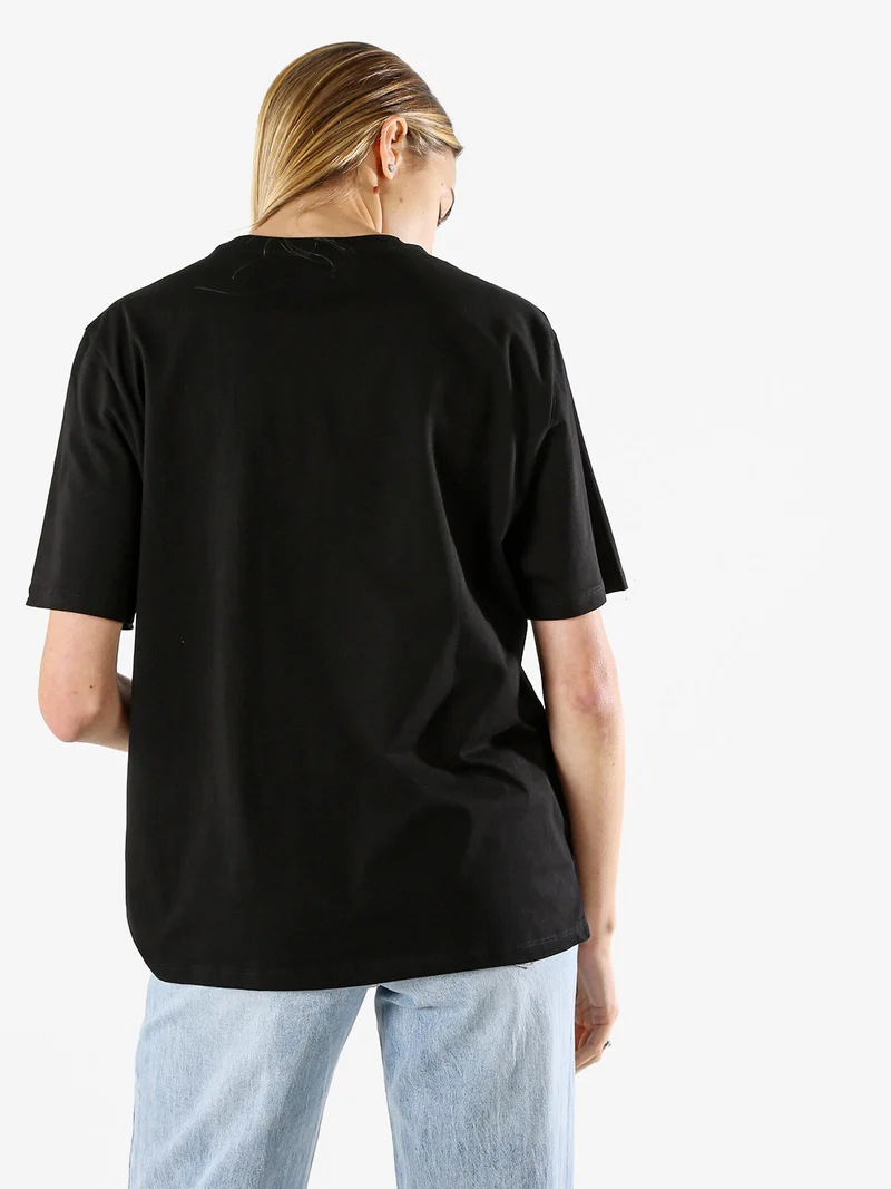 T-shirt donna in cotone oversize con ricami e strass - nero