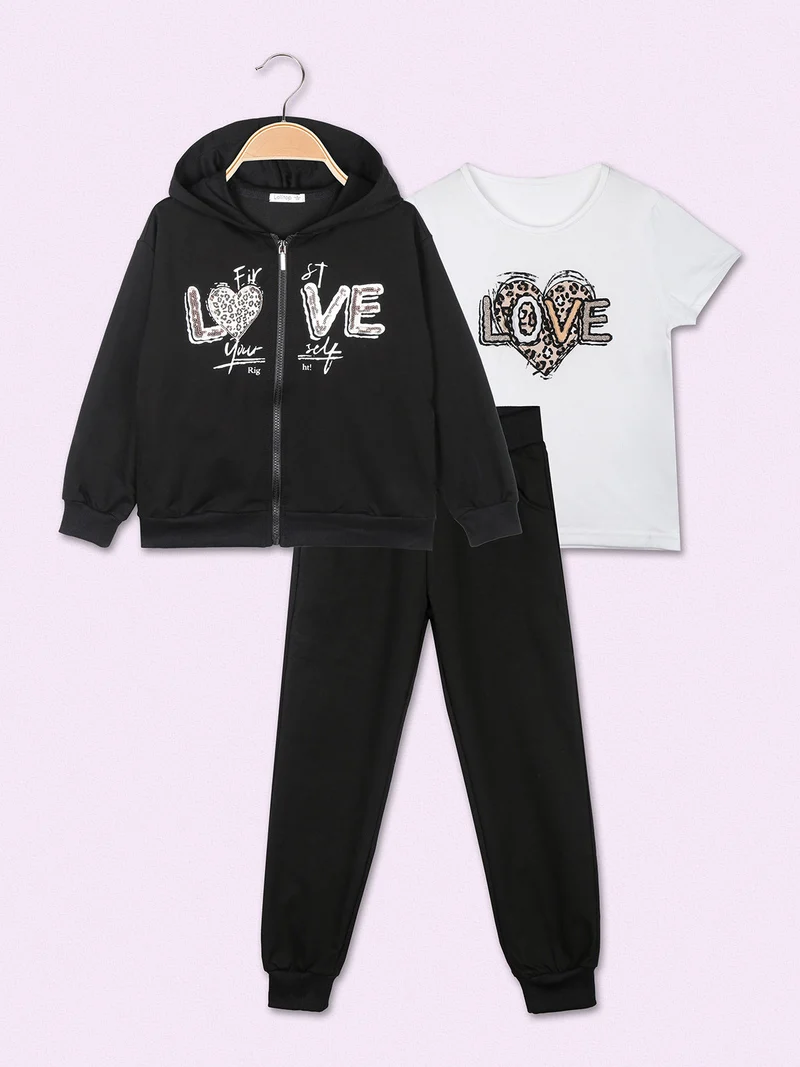 Completo 3 pezzi da ragazza con cappuccio e zip - nero
