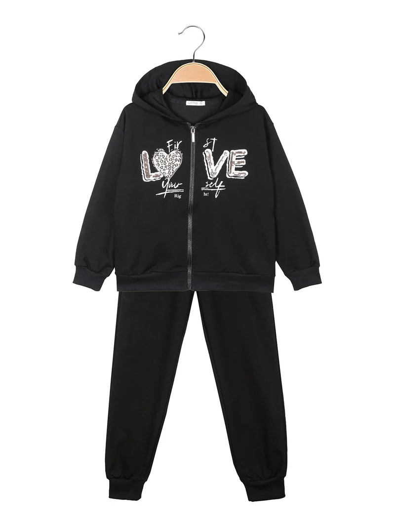 Completo 3 pezzi da ragazza con cappuccio e zip - nero