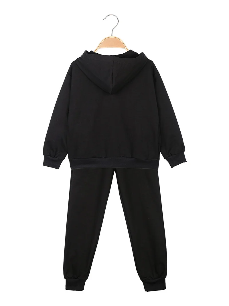 Completo 3 pezzi da ragazza con cappuccio e zip - nero