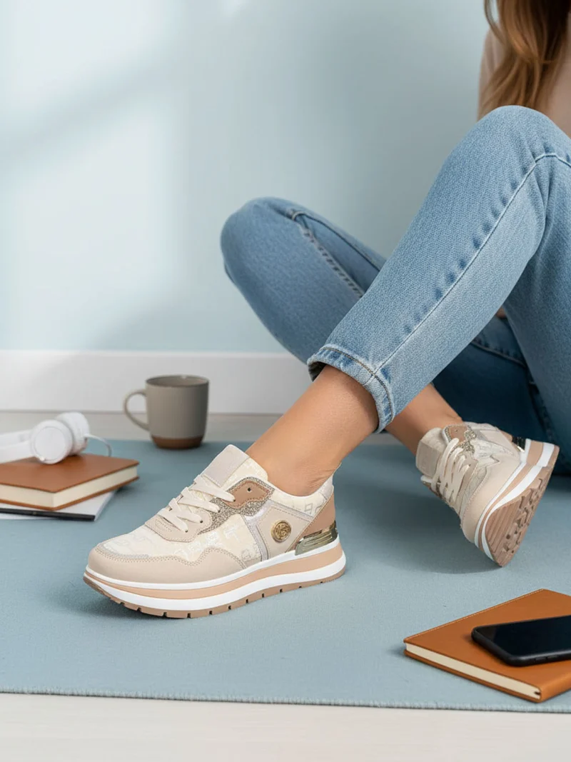 Sneakers da donna con paltform e glitter - beige