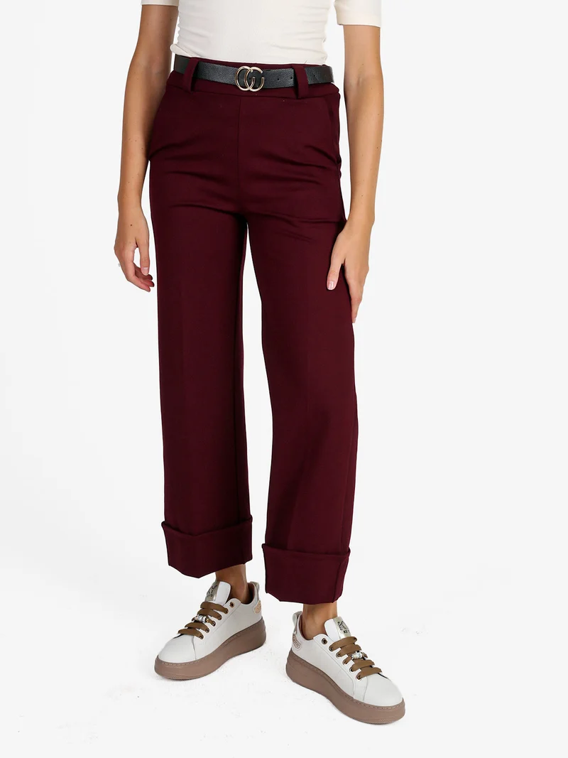 Pantaloni donna culotte con cintura e risvolto sul finale - bordeaux