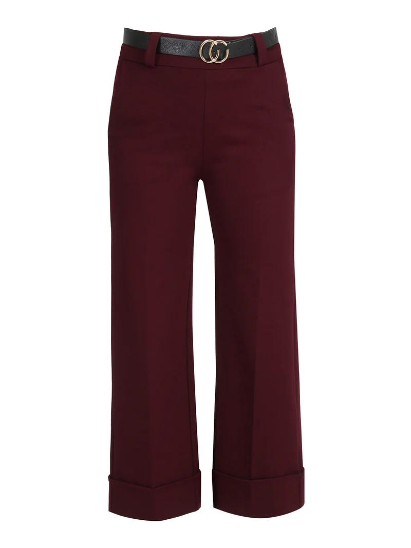 Pantaloni donna culotte con cintura e risvolto sul finale - bordeaux