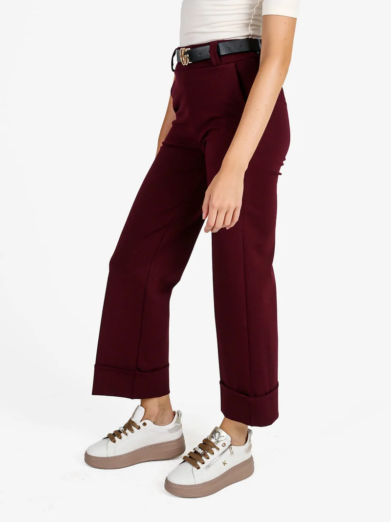 Pantaloni donna culotte con cintura e risvolto sul finale - bordeaux