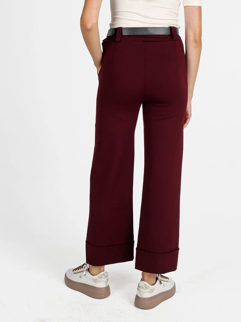 Pantaloni donna culotte con cintura e risvolto sul finale - bordeaux