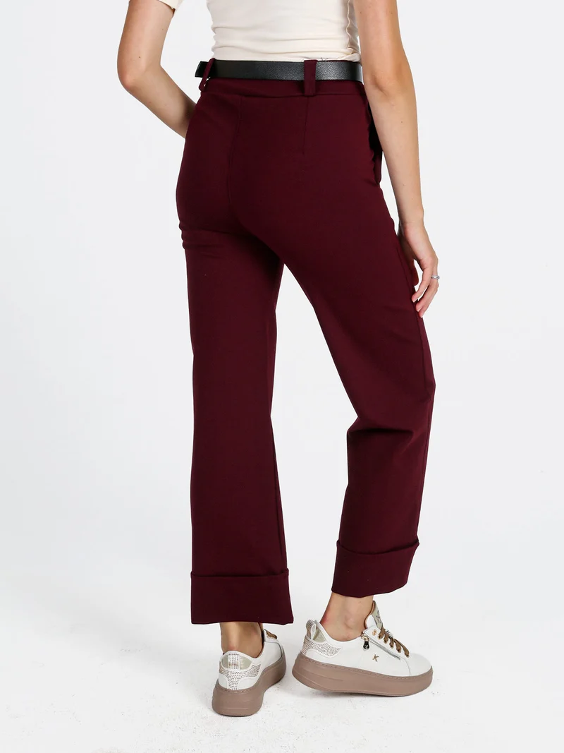 Pantaloni donna culotte con cintura e risvolto sul finale - bordeaux
