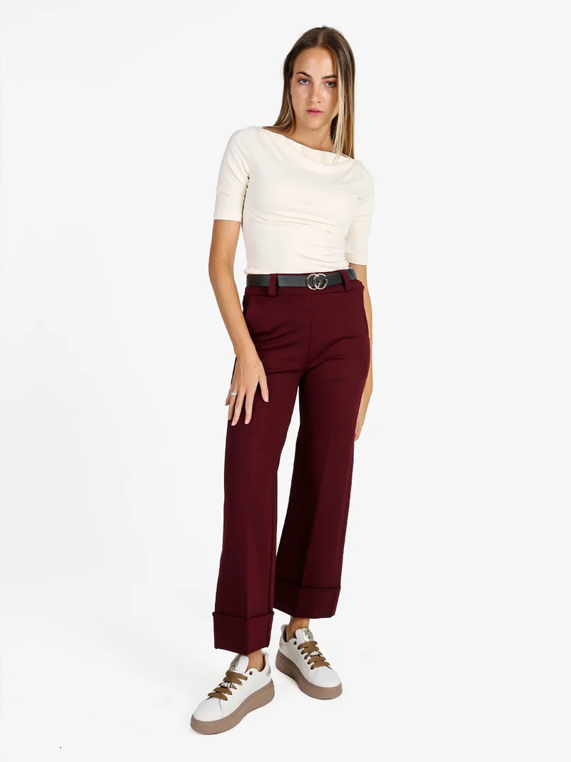Pantaloni donna culotte con cintura e risvolto sul finale - bordeaux