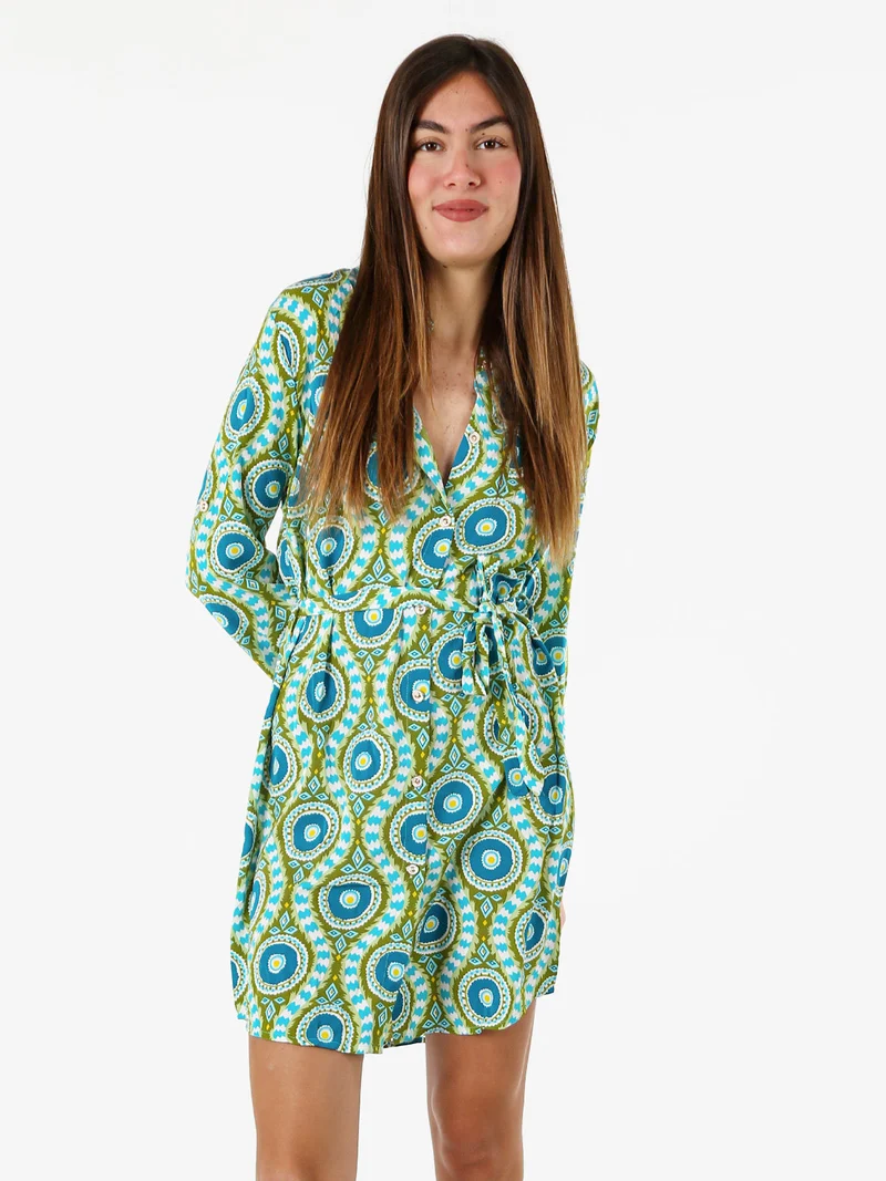 Vestito donna a camicia con maniche lunghe e taschino - verde