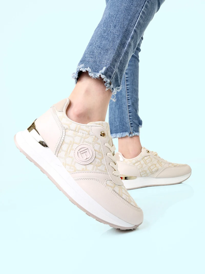 Sneakers donna stringate con platform - beige