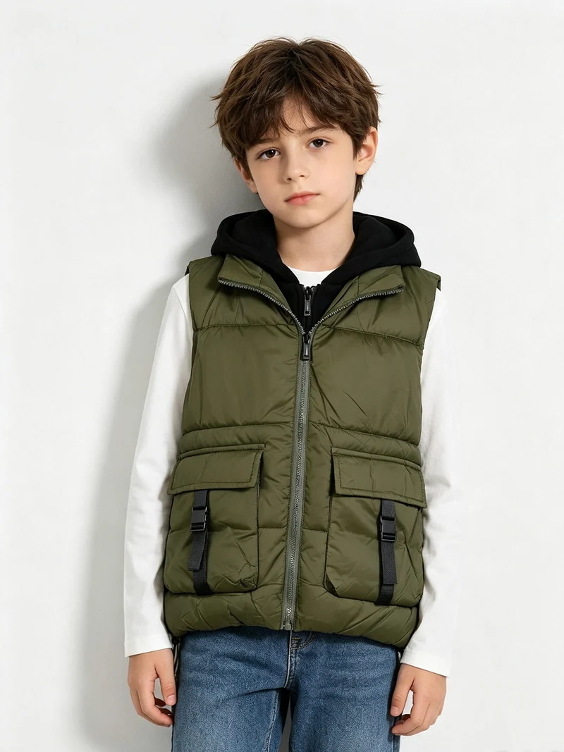 Gilet imbottito da bambino con cappuccio e doppia zip - militare