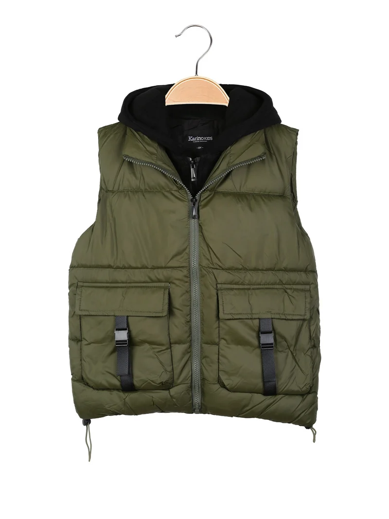 Gilet imbottito da bambino con cappuccio e doppia zip - militare