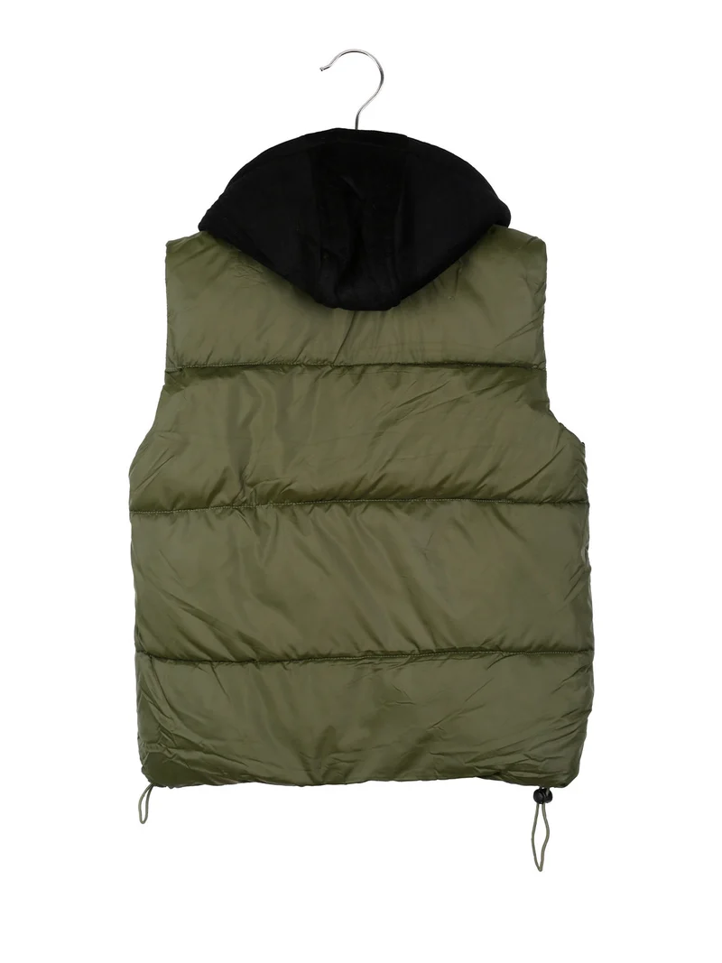 Gilet imbottito da bambino con cappuccio e doppia zip - militare