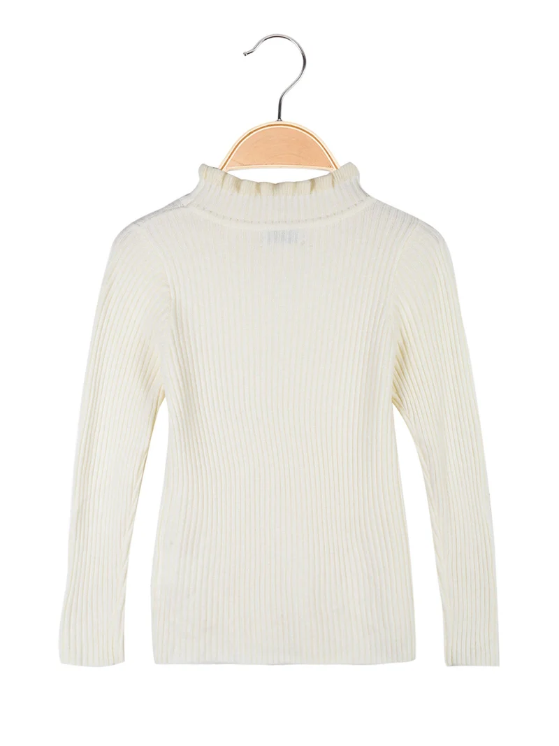 Maglione da bambina a costine con collo a lupetto - panna