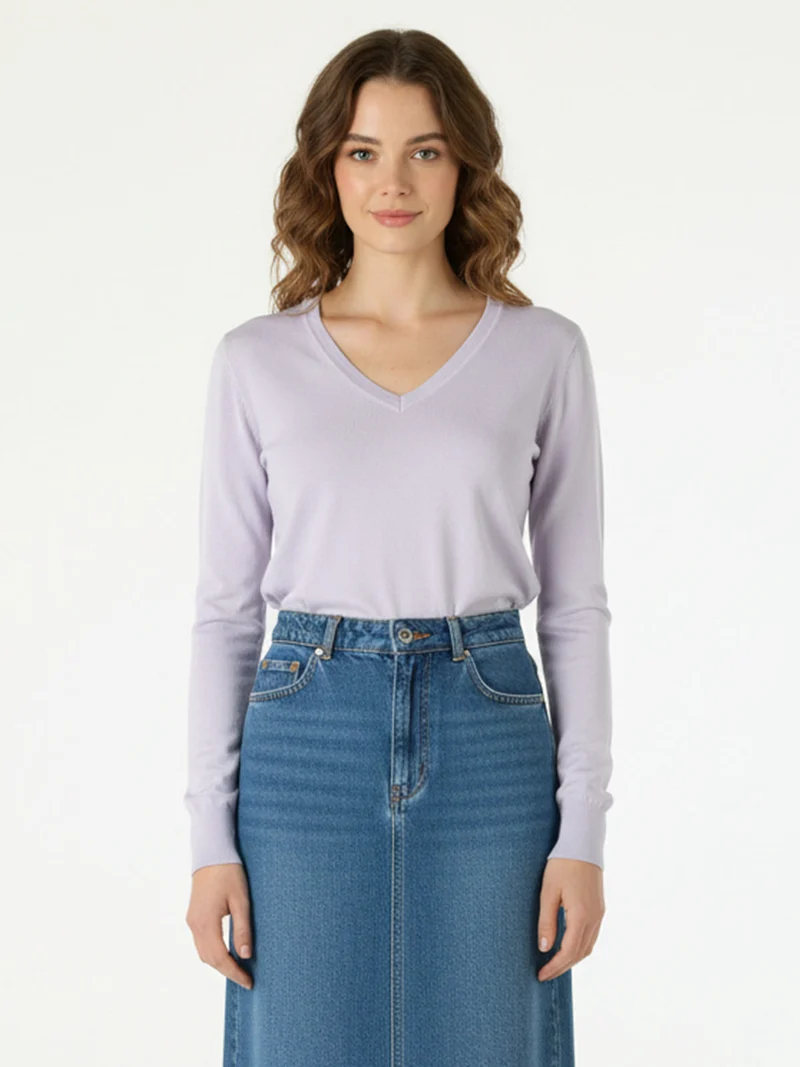 Pullover donna in maglia scollo V - viola